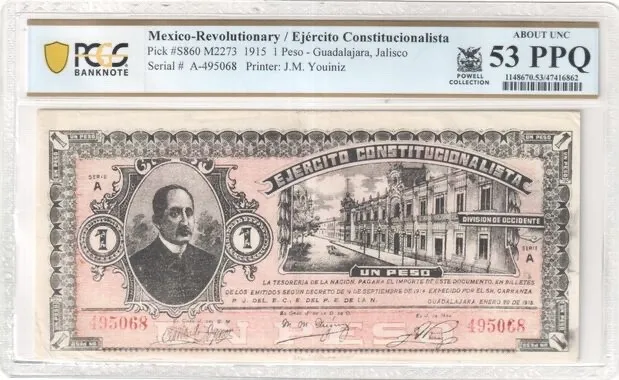 Mexico Rev / Ejercito Const. P#S860 M2273 1915 1 Peso PCGS About UNC 53 PPQ