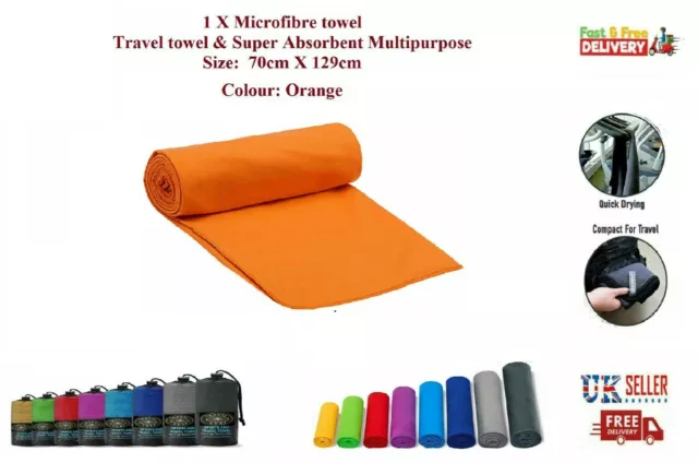 1 X Microfibre towel compact lightweight fast drying Size 70 X 129cm Orange