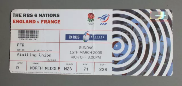 Ticket - Billet De Rugby - France Angleterre - Six Nations - 15 Mars  2009