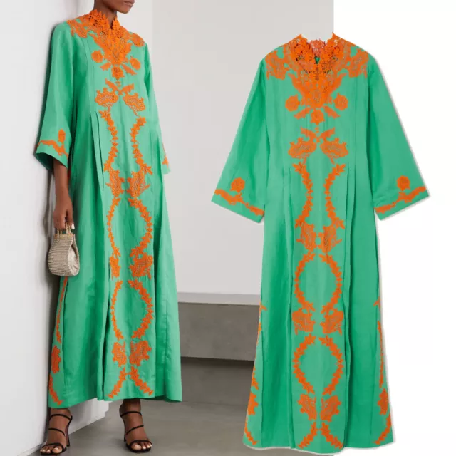 GUCCI DRESS AQUA GREEN LINEN LONG KAFTAN WITH ORANGE FLORAL LACE $4,500 sz 38 2