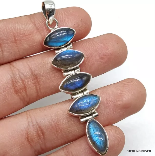 Natural Labradorite 925 Sterling Silver Designer Handmade Fine Long Pendant Gift