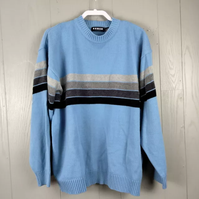 Vintage Koman Sport Sweater Mens Extra Large XL Light Blue  Stripes Crew Neck