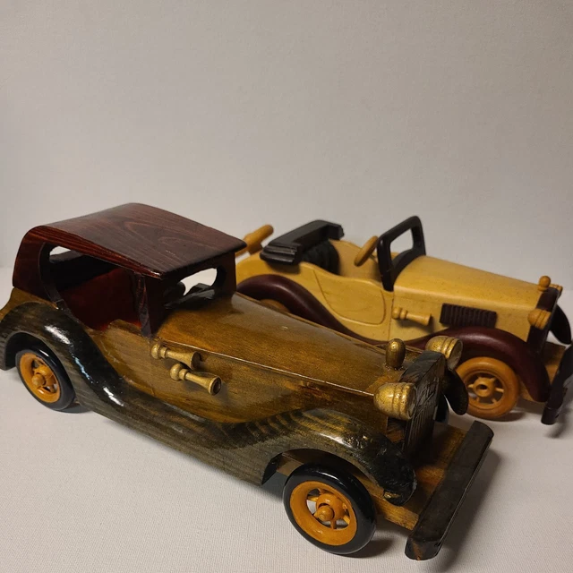 x2 Beautiful Vintage Wooden Car Figure Toy - Original Old Hand Crafted Antique