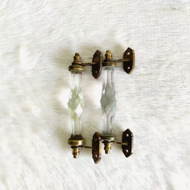19c Vintage Original Old Brass Clear Cut Glass Victorian Door Handle Pair Rare