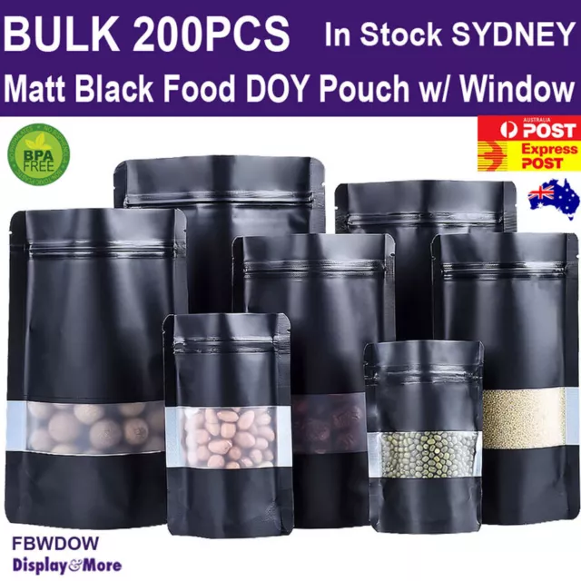 FOOD Bag Mylar Pouch BLACK Matte WINDOW | 200PCS Bulk | STAND UP Doy Packaging