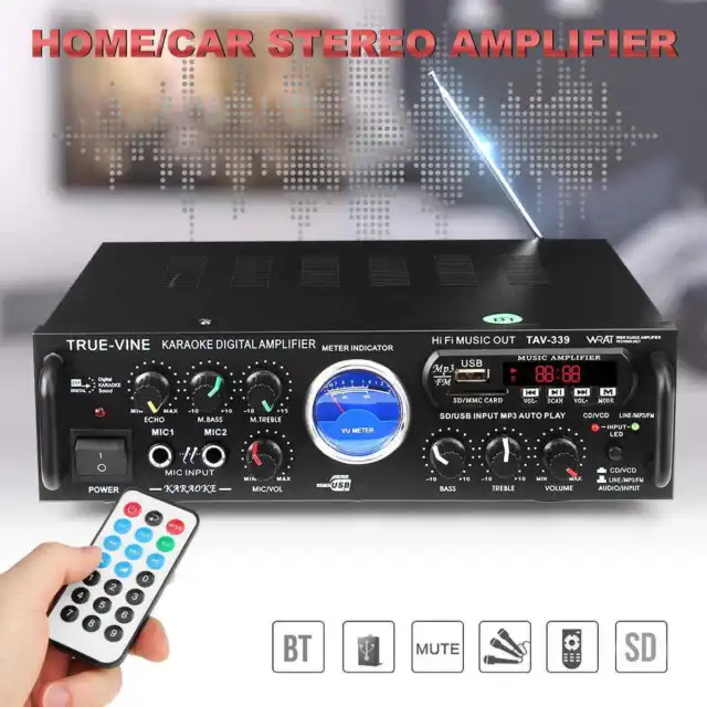 Amplificatore Audio Bluetooth 2 Canali Stereo Karaoke Mp3 Radio Fm Hi-Fi Usb Aux