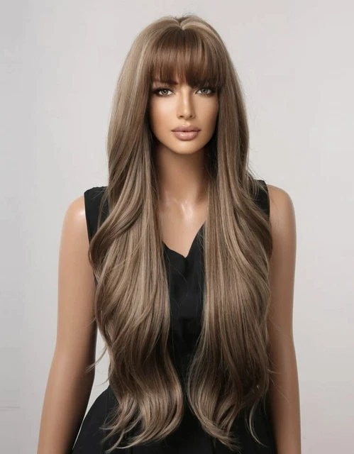 Perruque Synthétique Longue Femme - Brunes Châtain Doré, Lisse Avec Frange, 65cm, Monofilament