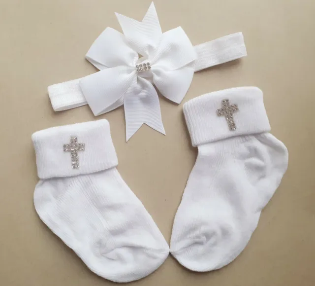 Baby Baptism Socks with Cross and Headband, white socks christening set, baptism