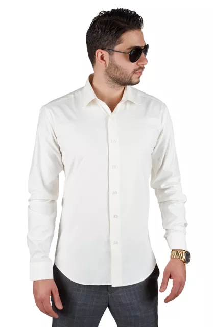 Tailored / Slim Fit Mens Ivory Dress Shirt Wrinkle-Free Spread Collar AZAR MAN