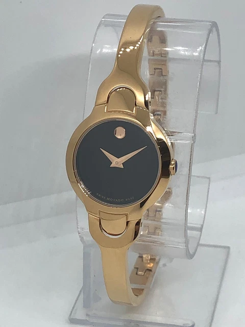 MINT Movado Museum Womens Rose Gold Tone BANGLE Band Black Dial 24mm Watch