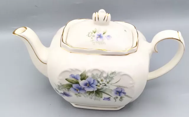 Vintage Sadler Cube Teapot Floral Gold Gilt  Staffordshire England,Blue Pansies