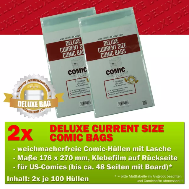 200x Comic Concept Deluxe Current Size Comic Bags Hüllen m. Lasche 176 x 270 mm