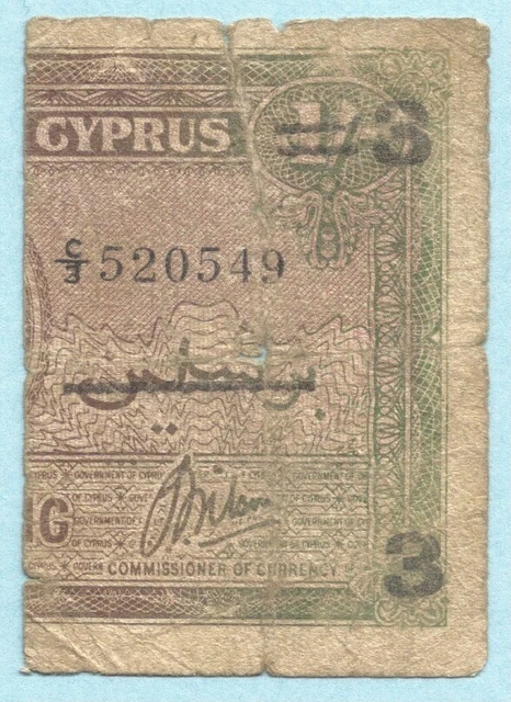 Cyprus 3 Piastres - 1.3.1943 - P#27 - Banknote - VG