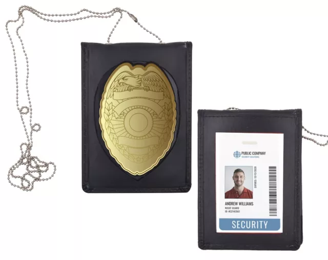 Genuine Leather Badge ID Holder Neck Chain Tactical Hanger Officer Security Fire