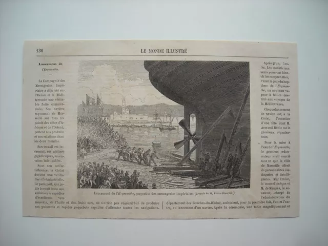 Gravure 1862. Port De La Ciotat. Lancement De L’erymanthe, Paquebot Messageries.