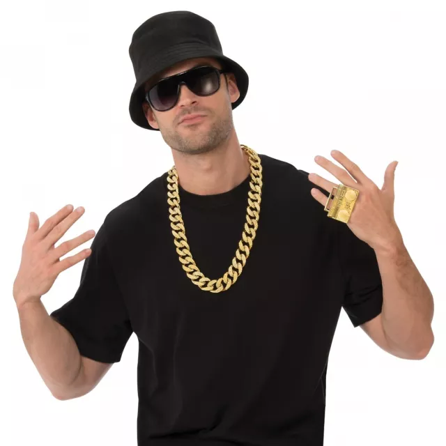 80S RAPPER COSTUME Kit Adult Hip Hop Gold Chain Bucket Hat and Ring $16 ...