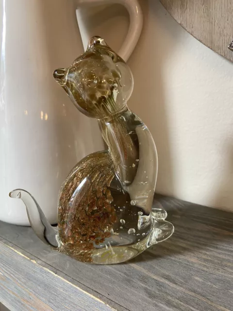 Hand Blown Art Glass Cat Clear Glass w/ Bubbles and Gold Flecks  6.5” Kittens