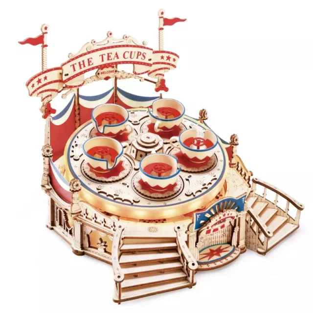 3D Wooden Puzzle DIY Music Box Model Kit Tilt A Whirl Spinning Teacups Rotate