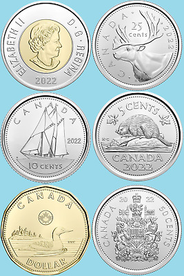 Set of Six 2022 Canada Coins Mint UNC Toonie, Loonie - $2 $1 50c 25c 10c 5c