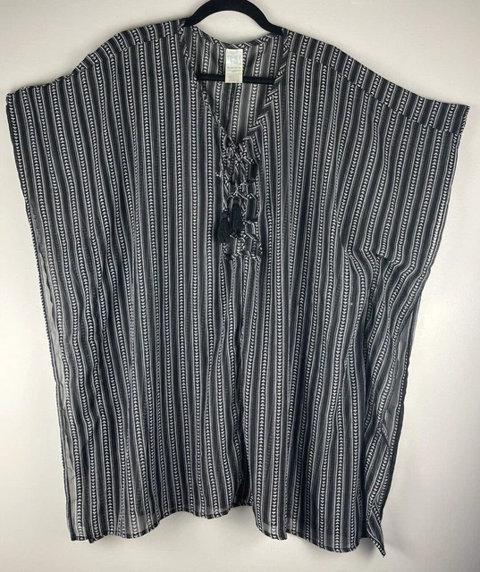 Time And Tru Womens Sheer Swim Suit Cover Up Black White Stripes Tassels Size XL