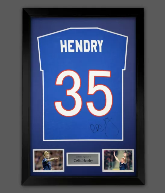 Colin Hendry Hand Signed Blue Player T-Shirt In A Framed Presentation