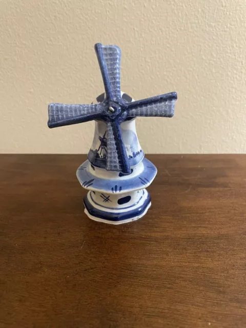 Vintage 6" Delft Blauw Hand Painted Windmill Blue Holland Souvenir Movable Mill