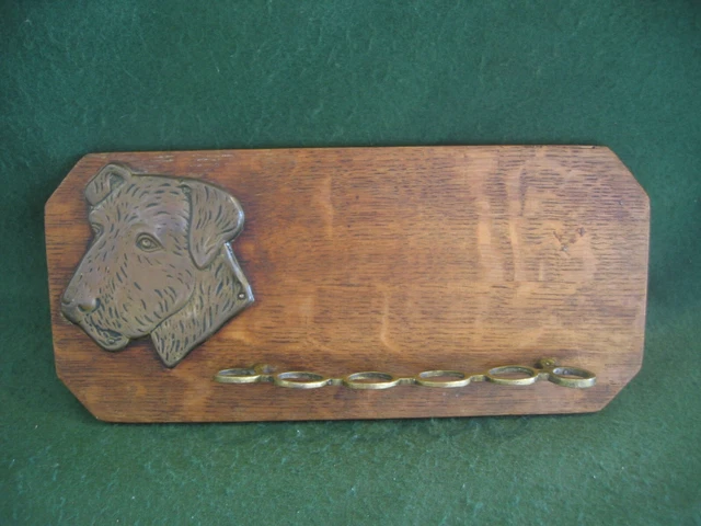 VINTAGE WALL MOUNTED Oak Wood Smoking Pipe Rest Rack Brass Terrier Dog ...