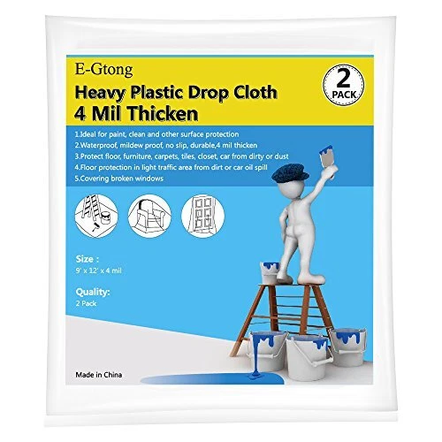 E-Gtong 2-Pack 4 Mil Plastic Drop Cloth 9-Feet by 12-Feet Waterproof Heavy Du...