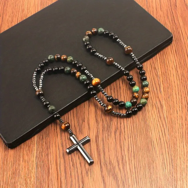 Protection Hematite Cross Necklace Natural Tiger's Eye Turquoise Stone Necklace