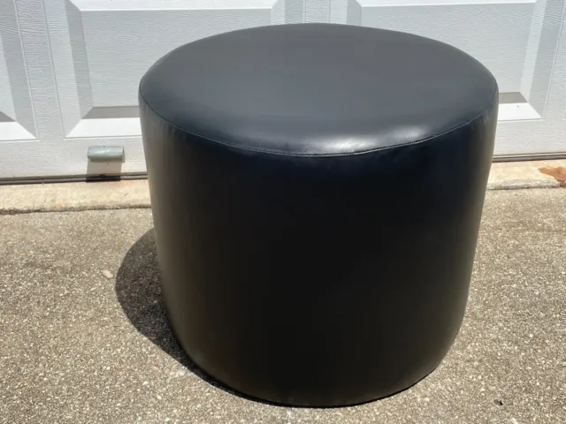 New Round Designer Ottoman Footstool Pouf in Italian Leather Black Made in USA