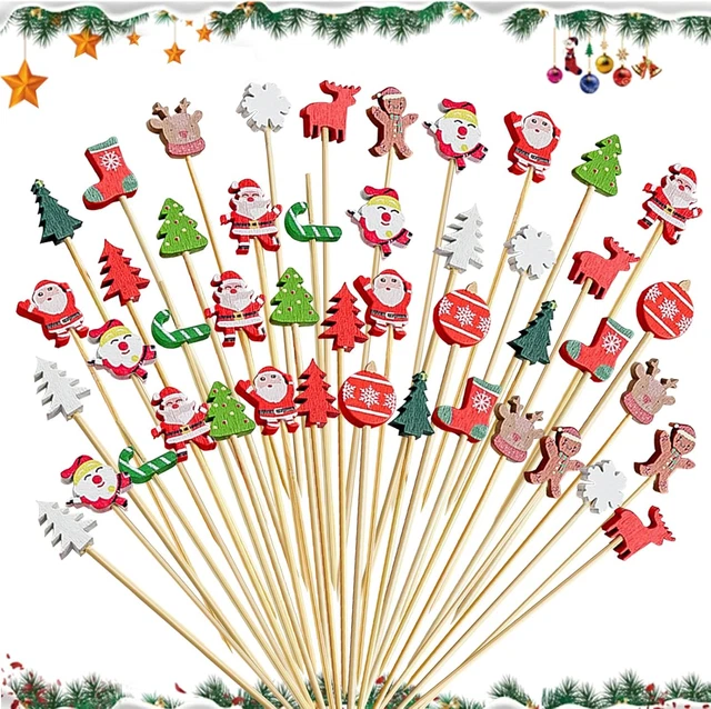 100 Stuzzicadenti Decorativi Natalizi A Forma Di Alberello – Spiedini In Legno Per Cocktail, Antipasti E Guarnizioni – 13 Cm - 2