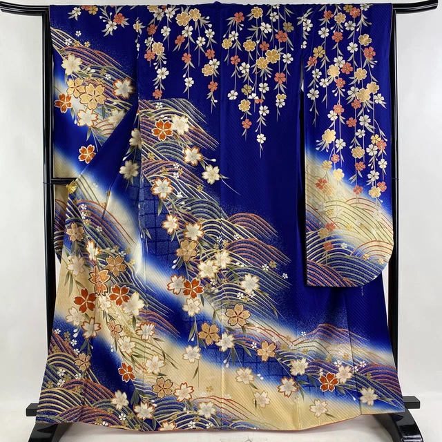 Japanese Kimono Silk Furisode Long Sleeves Gold Leaf Cherry Wave Dyed Blue 64"
