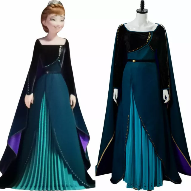 Adult Frozen 2 Queen Anna Dress Dark Green Dress Cosplay Costume Set#