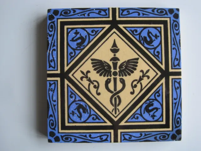 Antique 6" Victorian Mintons Caduceus  Design Wall Tile  C1885 Blue & Black