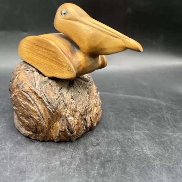 Vintage 1989 Hand Carved Wood Sitting Pelican 5” Tall Les Miner
