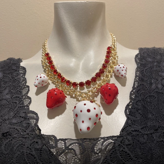 Betsey Johnson Sweet Crystal Rose Enamel 3D Strawberry Pendant Chain Necklace