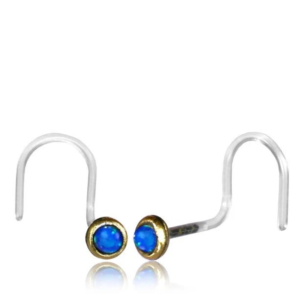 1 Tribal Bioplast 20G Brass Nose Stud Nose Ring Ear Blue Opal Stone Nose Pin
