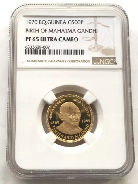 Equatorial Guinea 1970 Gandhi 500 Pesetas NGC PF65 Gold Coin