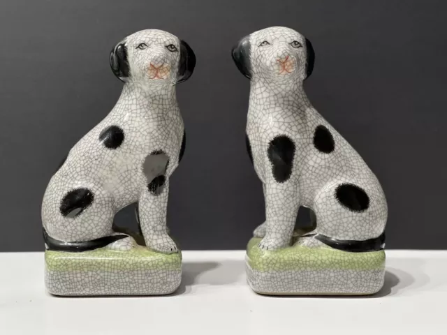 Antique Pair of Mantle Fox Hound Dog Figures Staffordshire Style 8” X 4” X 3”