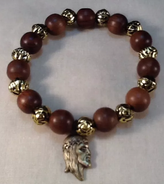 Religious Bracelet 12mm Wood & Gold Tone Beads Jesus Christ Medal