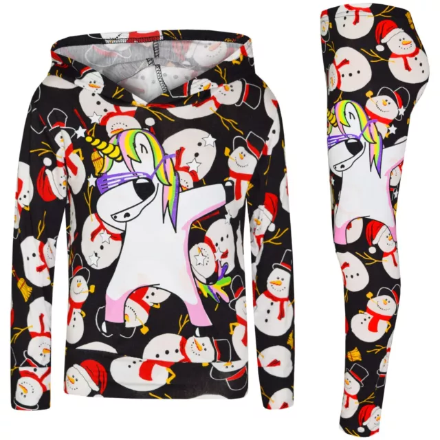 Bambine Natale Pupazzo Nero Unicorn DAB con Cappuccio Top Set Leggings Tuta 7-1