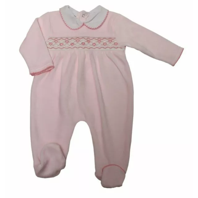 Neonata Bambina Rosa Smocked Tut Bambino Grow Pigiama Cuori Di Velluto 0-9 M 2