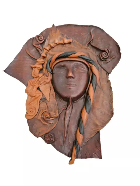 Maschera viso da parete in pelle marrone vintage 11" vintage 3D