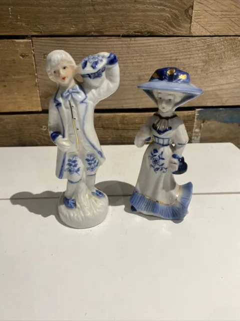 Vintage Man & Lady Figurine Ornament Blue & White Gilded Porcelain
