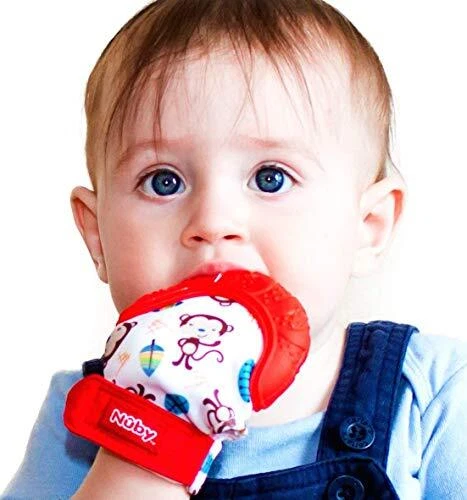 Nuby Soothing Teething Mitten with Hygienic Travel Bag Red