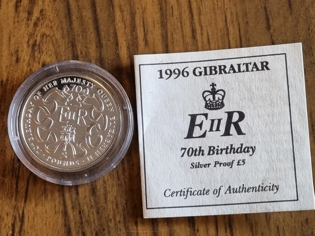 1996 Gibraltar silver proof Five Pounds £5 Coin 23.g : Queen's 70th Birthday