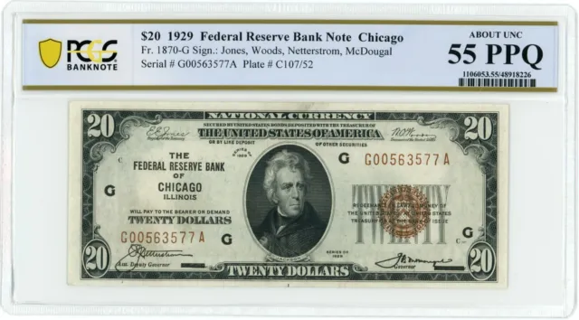 1929 $20 Federal Reserve Bank Note Chicago FR-1870-G AU 55 PCGS (L1707)