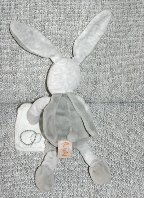 Babynat Doudou Peluche Lapin Mouchoir Gris Blanc Rond Brode 25 Cm Etat Neuf 2