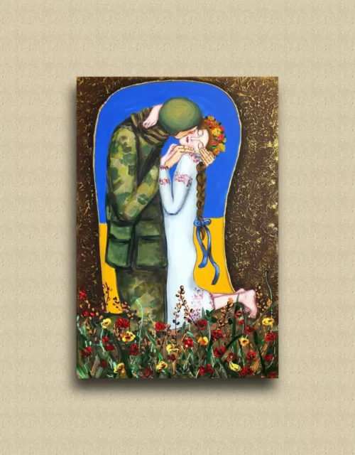 Baiser un couple. art ukrainien. Peinture originale sur toile. Paix Amour.... 2