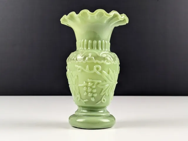 Victorian Jade Green Milk Glass Opaline Vase With Grape and Leaf Pattern